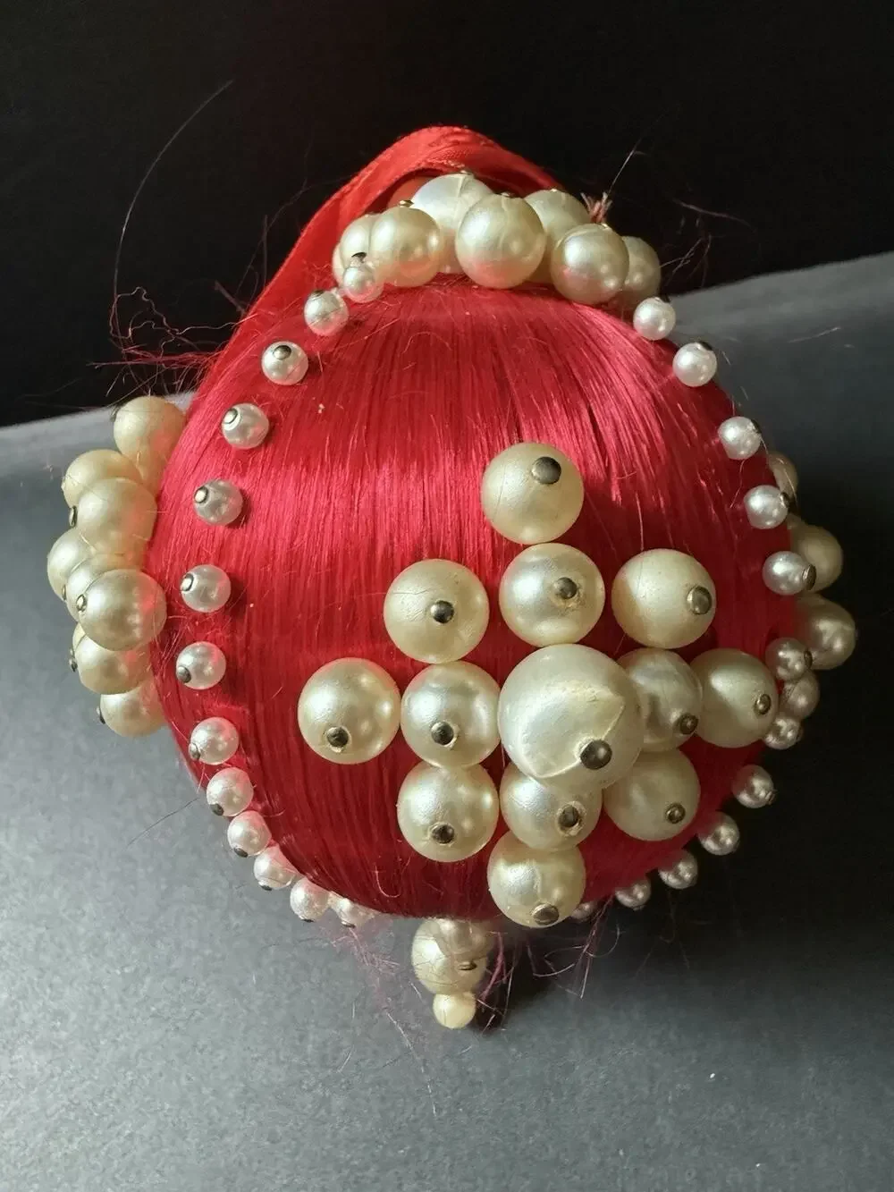 Vintage Handmade Jeweled Beaded Push Pin Red White Victorian Christmas Ornament
